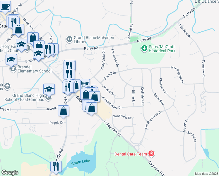 map of restaurants, bars, coffee shops, grocery stores, and more near 12751 Joseph Drive in Grand Blanc