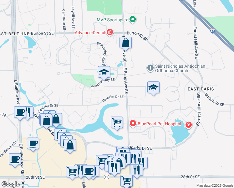map of restaurants, bars, coffee shops, grocery stores, and more near 3959 Camelot Drive Southeast in Grand Rapids