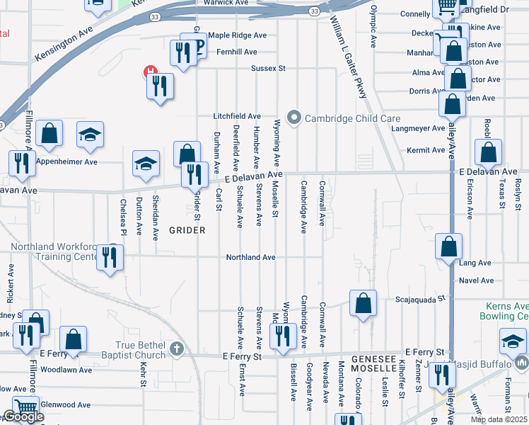 map of restaurants, bars, coffee shops, grocery stores, and more near 245 Stevens Avenue in Buffalo