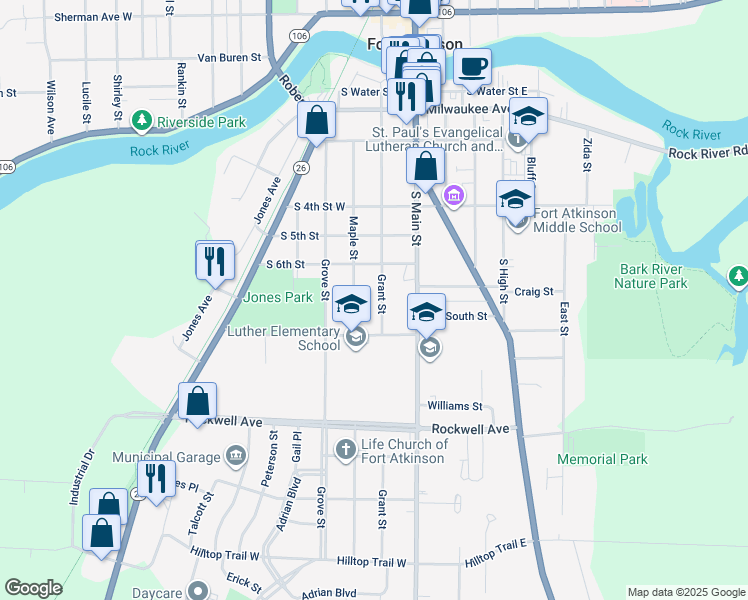 map of restaurants, bars, coffee shops, grocery stores, and more near 618 Grant Street in Fort Atkinson