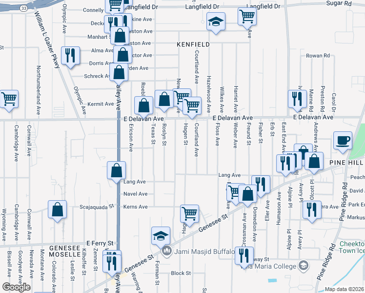 map of restaurants, bars, coffee shops, grocery stores, and more near 231 Newburgh Avenue in Buffalo