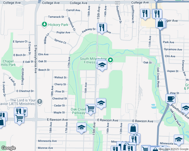map of restaurants, bars, coffee shops, grocery stores, and more near 910 15th Avenue in South Milwaukee
