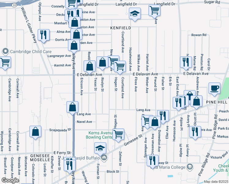 map of restaurants, bars, coffee shops, grocery stores, and more near 214 Hagen Street in Buffalo