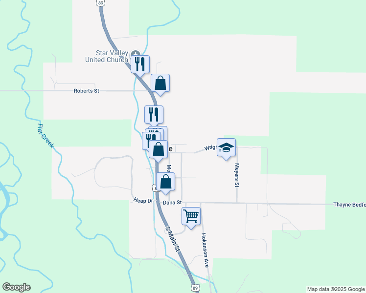 map of restaurants, bars, coffee shops, grocery stores, and more near Wright St in Thayne