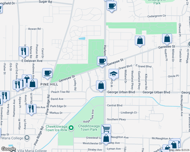 map of restaurants, bars, coffee shops, grocery stores, and more near 40 Saint James Road in Buffalo