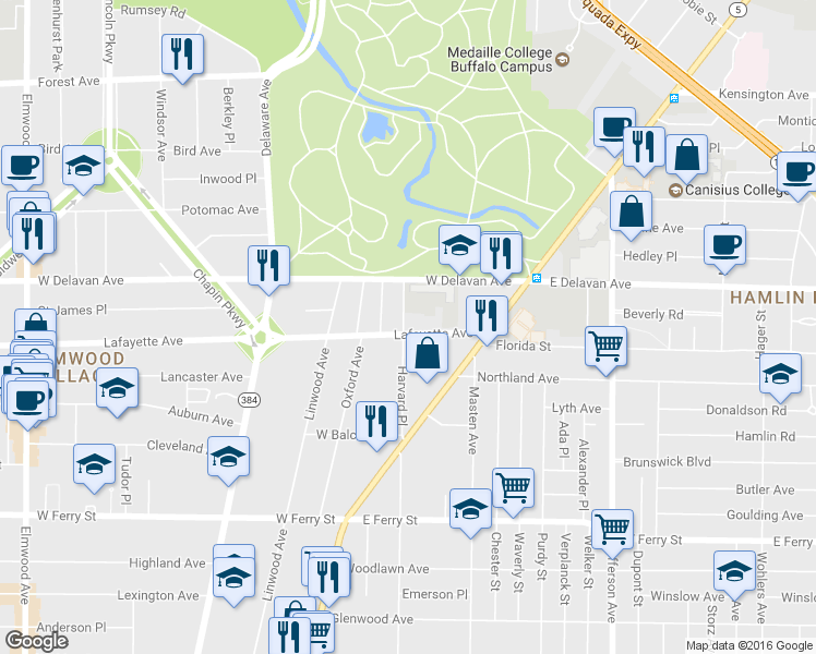 map of restaurants, bars, coffee shops, grocery stores, and more near in Buffalo