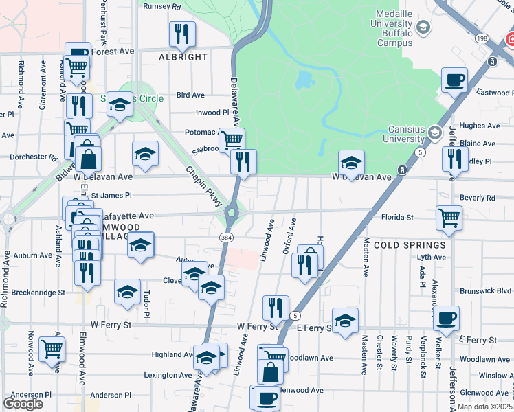 map of restaurants, bars, coffee shops, grocery stores, and more near 684 Linwood Avenue in Buffalo