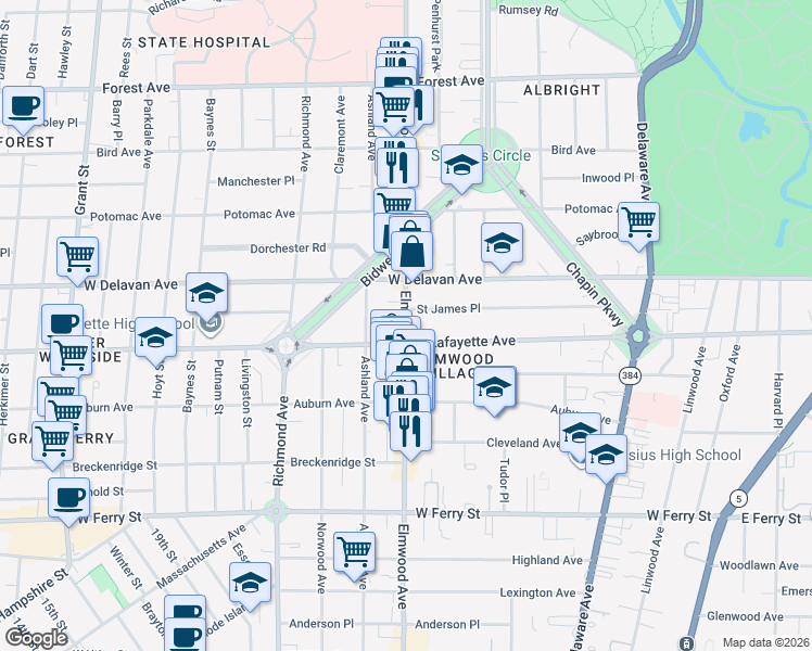 map of restaurants, bars, coffee shops, grocery stores, and more near 874 Elmwood Avenue in Buffalo