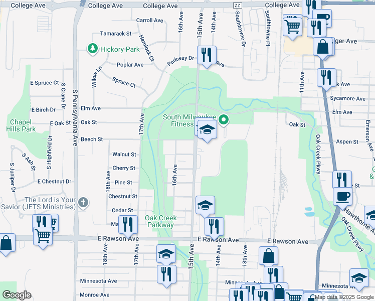 map of restaurants, bars, coffee shops, grocery stores, and more near 910 15th Avenue in South Milwaukee
