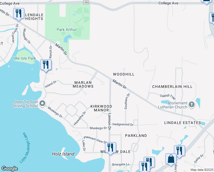 map of restaurants, bars, coffee shops, grocery stores, and more near S68W17267 Rossmar Court in Muskego