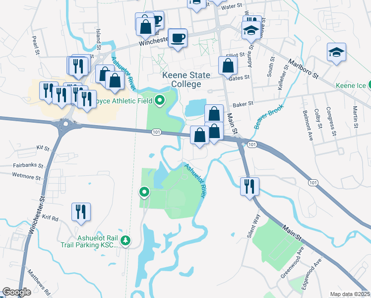 map of restaurants, bars, coffee shops, grocery stores, and more near 156 Martell Court in Keene
