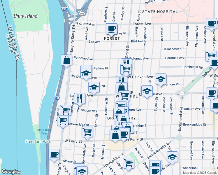 map of restaurants, bars, coffee shops, grocery stores, and more near 299 Herkimer Street in Buffalo
