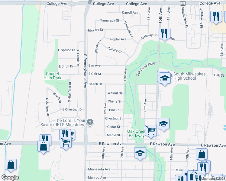 map of restaurants, bars, coffee shops, grocery stores, and more near 1726 Walnut Street in South Milwaukee