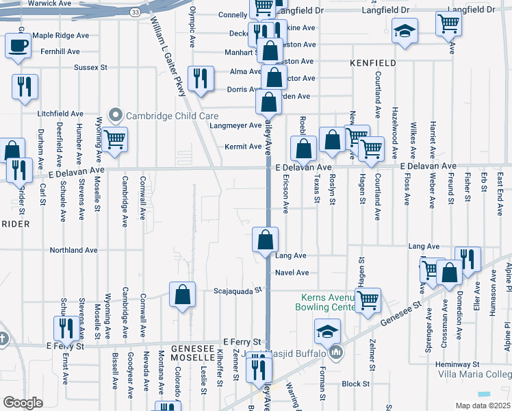 map of restaurants, bars, coffee shops, grocery stores, and more near 76 Wecker Street in Buffalo