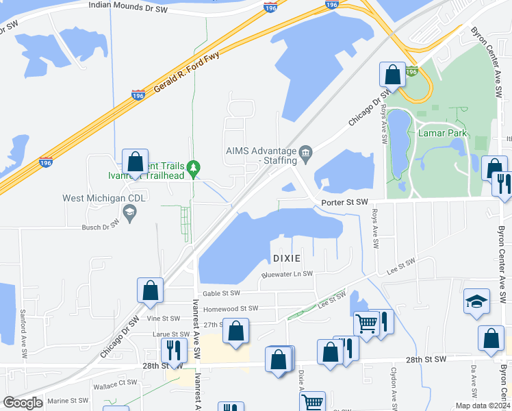 map of restaurants, bars, coffee shops, grocery stores, and more near 2882 Porter Street Southwest in Grandville
