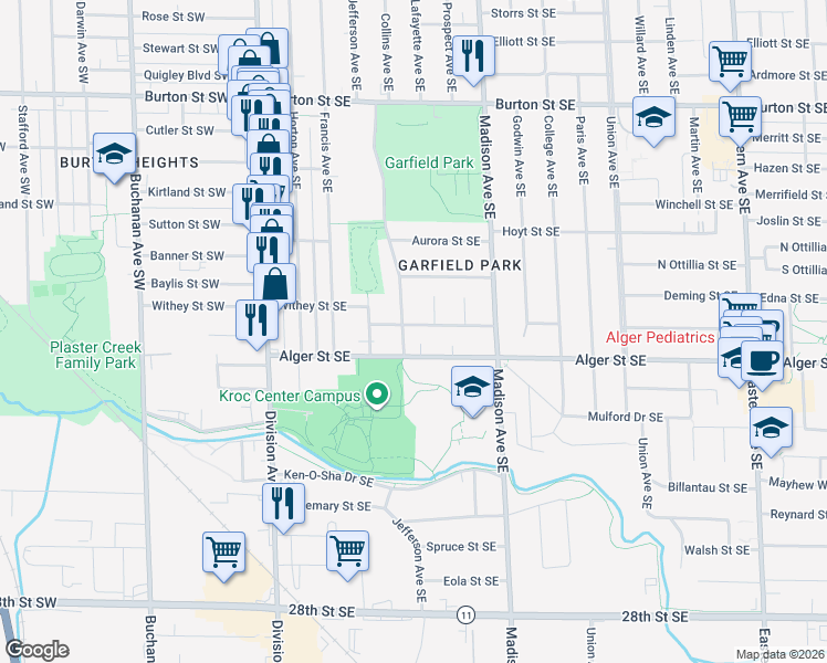 map of restaurants, bars, coffee shops, grocery stores, and more near 234 Griswold Street Southeast in Grand Rapids