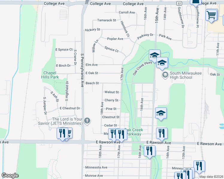 map of restaurants, bars, coffee shops, grocery stores, and more near 1726 Walnut Street in South Milwaukee