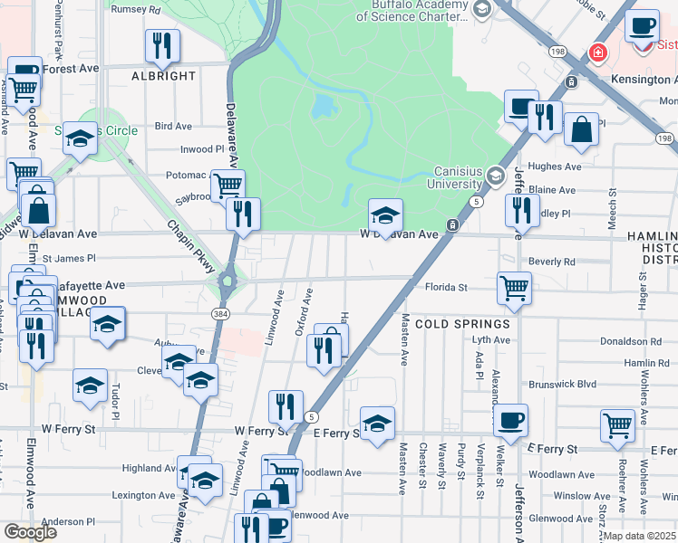 map of restaurants, bars, coffee shops, grocery stores, and more near 966 Lafayette Avenue in Buffalo