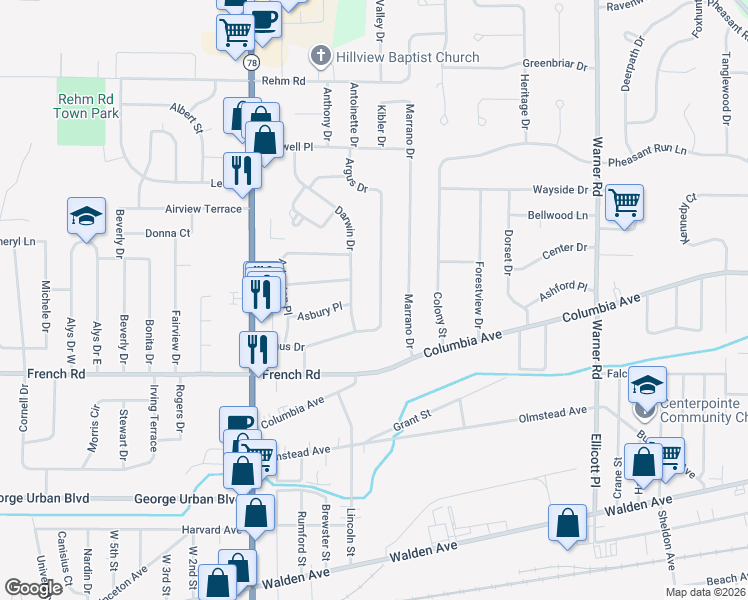 map of restaurants, bars, coffee shops, grocery stores, and more near 176 Argus Drive in Depew