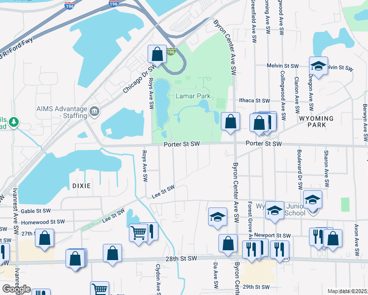 map of restaurants, bars, coffee shops, grocery stores, and more near 2562 Porter St SW in Wyoming