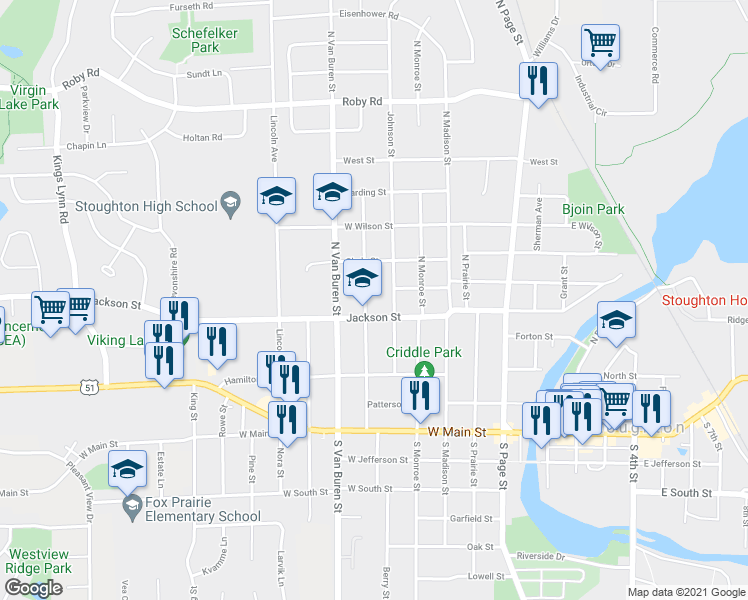 map of restaurants, bars, coffee shops, grocery stores, and more near 317 North Harrison Street in Stoughton