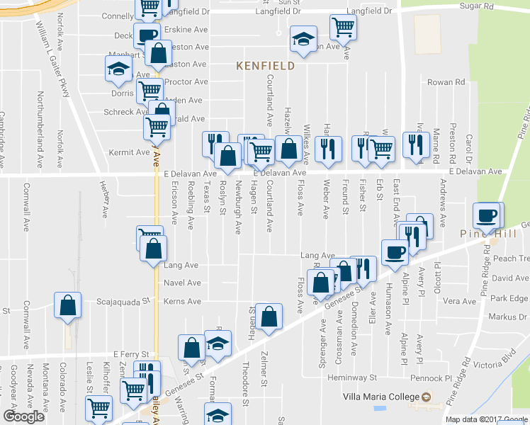 map of restaurants, bars, coffee shops, grocery stores, and more near 56 Courtland Avenue in Buffalo