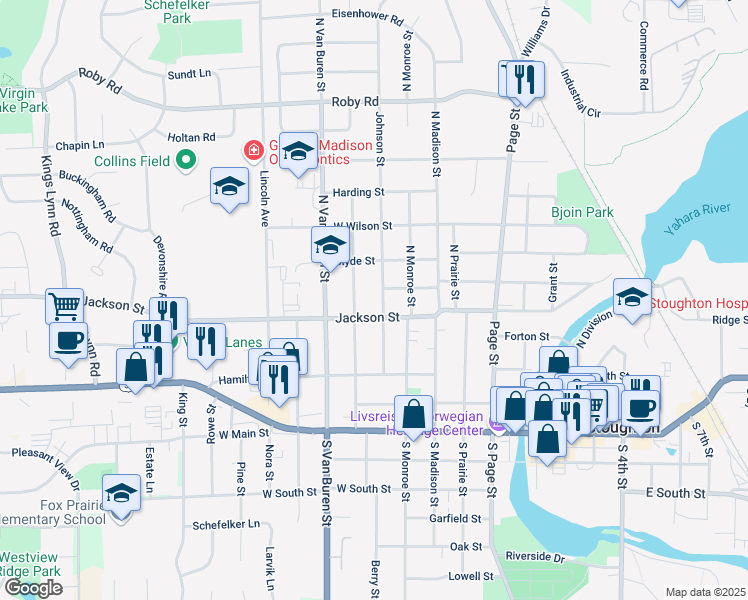 map of restaurants, bars, coffee shops, grocery stores, and more near 317 North Harrison Street in Stoughton