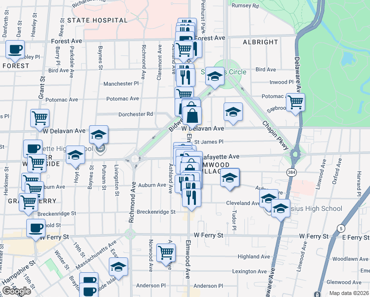 map of restaurants, bars, coffee shops, grocery stores, and more near 874 Elmwood Avenue in Buffalo