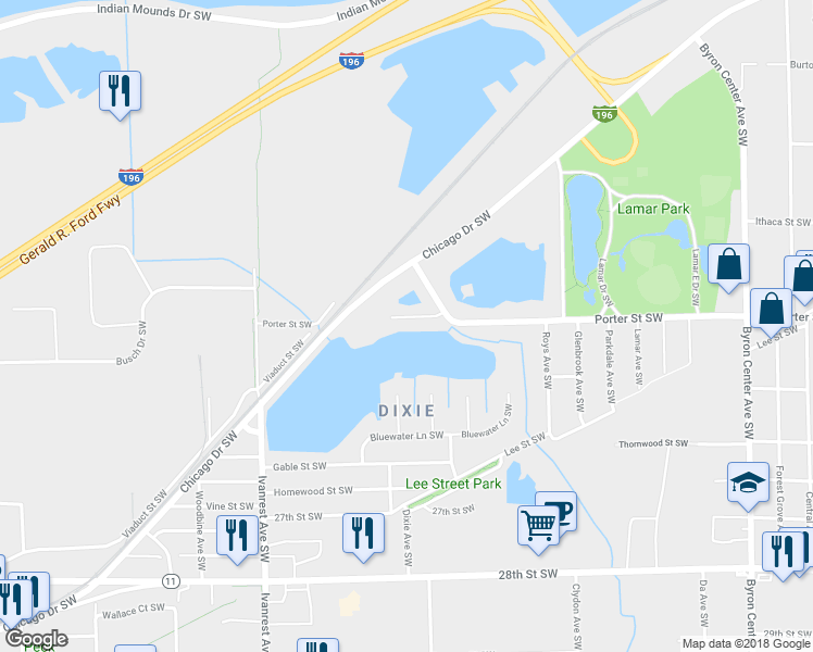 map of restaurants, bars, coffee shops, grocery stores, and more near 2933 Porter Court Southwest in Grandville