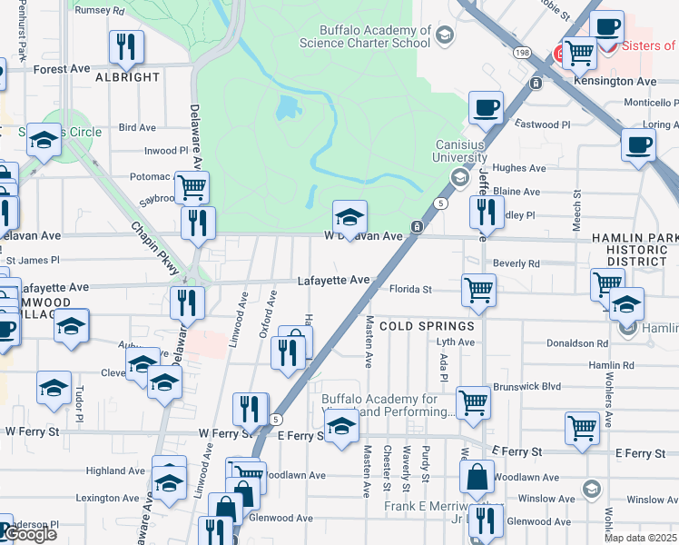 map of restaurants, bars, coffee shops, grocery stores, and more near 1010 Lafayette Avenue in Buffalo
