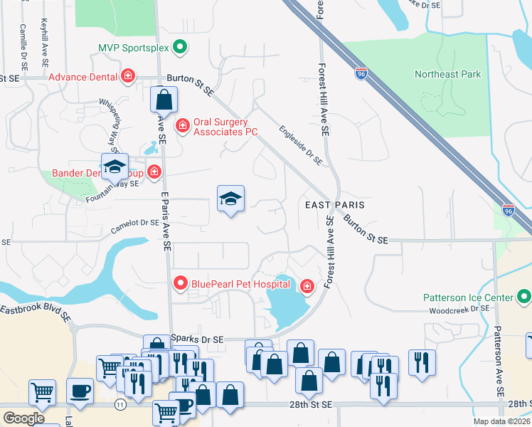 map of restaurants, bars, coffee shops, grocery stores, and more near 2353 Oak Forest Lane Southeast in Grand Rapids