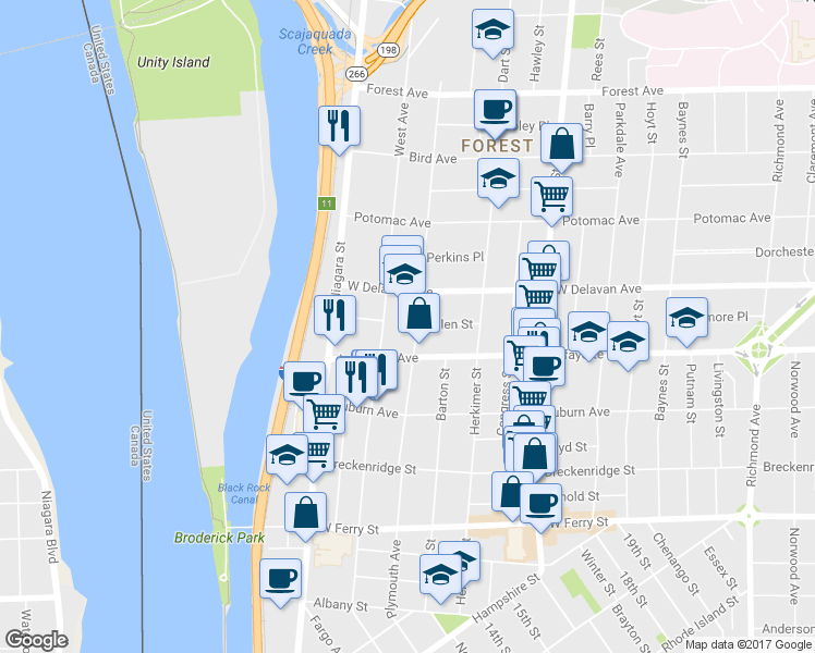 map of restaurants, bars, coffee shops, grocery stores, and more near 146 Dewitt Street in Buffalo