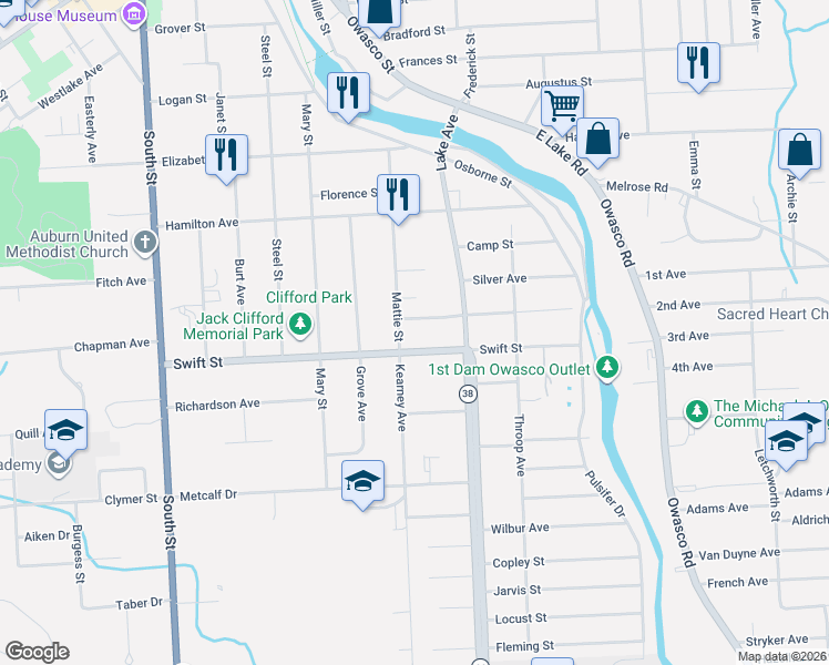 map of restaurants, bars, coffee shops, grocery stores, and more near 87 Swift Street in Auburn
