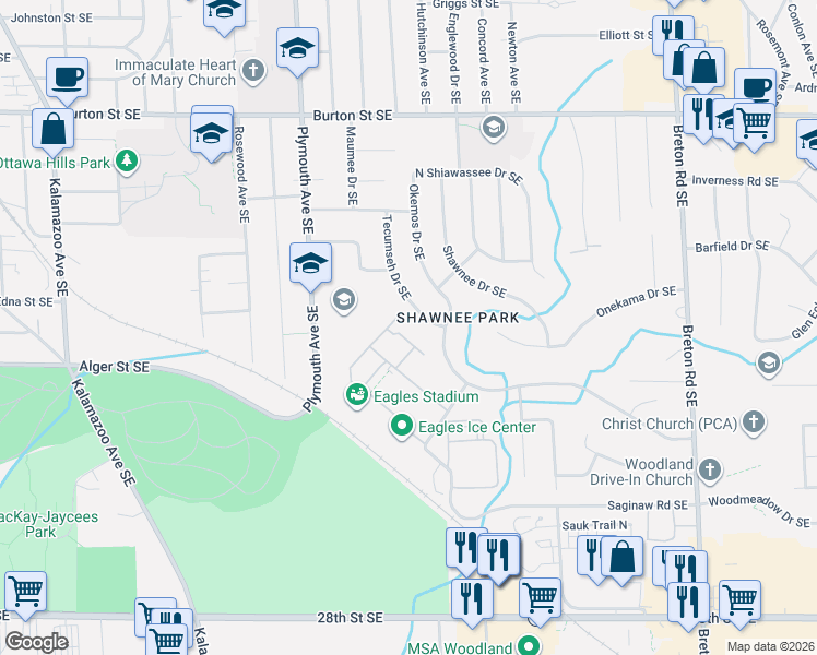 map of restaurants, bars, coffee shops, grocery stores, and more near 2420 Village Drive Southeast in Grand Rapids