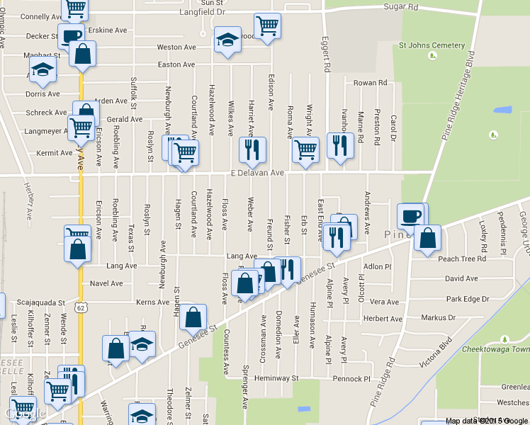 map of restaurants, bars, coffee shops, grocery stores, and more near 134 Freund Street in Buffalo