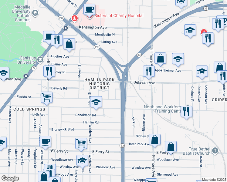 map of restaurants, bars, coffee shops, grocery stores, and more near 32 Regina Place in Buffalo