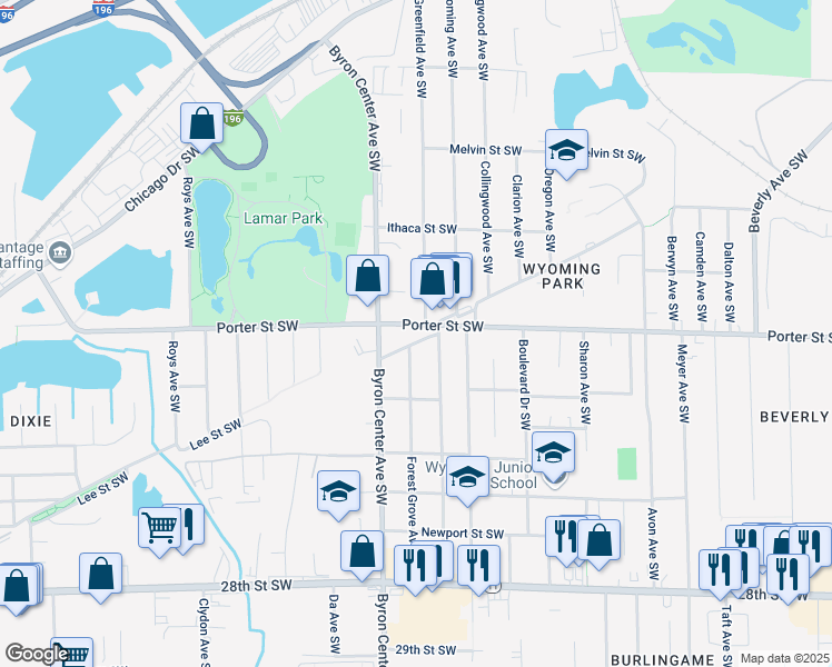 map of restaurants, bars, coffee shops, grocery stores, and more near 2340 Porter Street Southwest in Wyoming