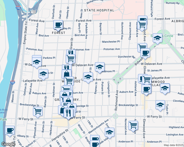map of restaurants, bars, coffee shops, grocery stores, and more near 199 Hoyt Street in Buffalo