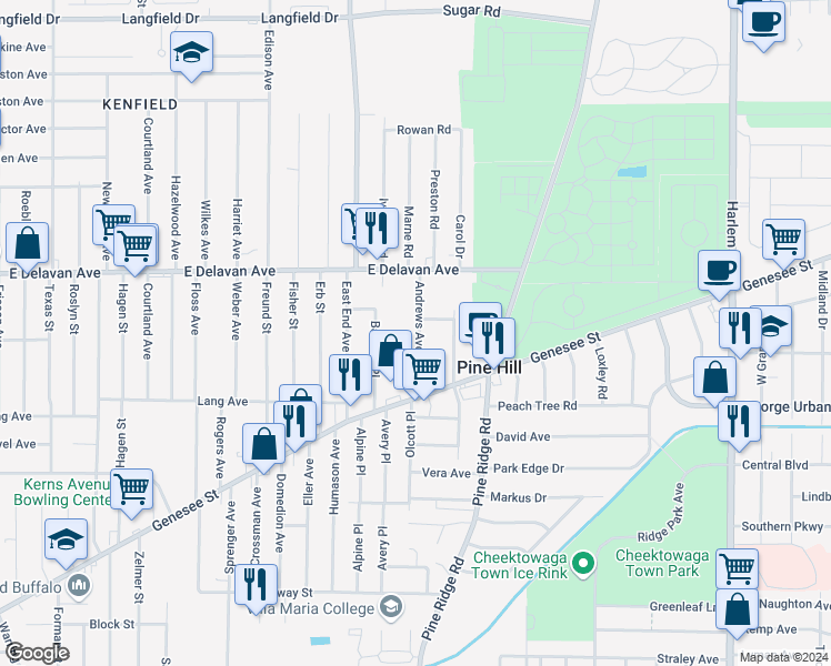 map of restaurants, bars, coffee shops, grocery stores, and more near 52 Andrews Avenue in Buffalo