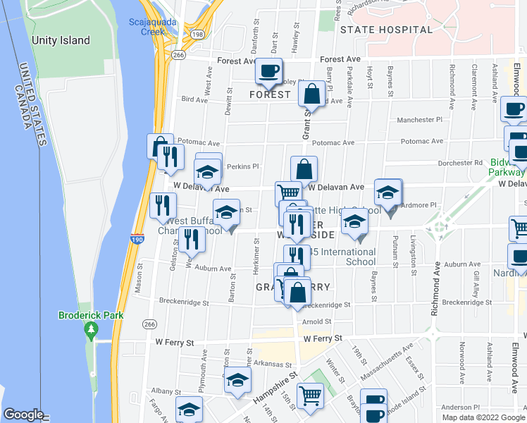 map of restaurants, bars, coffee shops, grocery stores, and more near 303 Herkimer Street in Buffalo