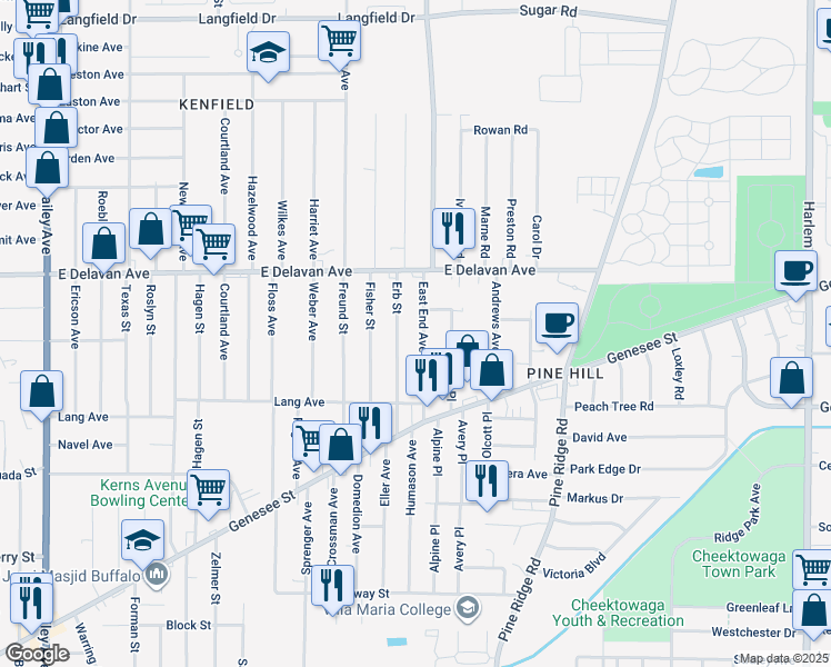 map of restaurants, bars, coffee shops, grocery stores, and more near 90 East End Avenue in Buffalo