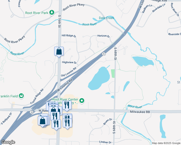 map of restaurants, bars, coffee shops, grocery stores, and more near 6801-6865 South 68th Street in Franklin