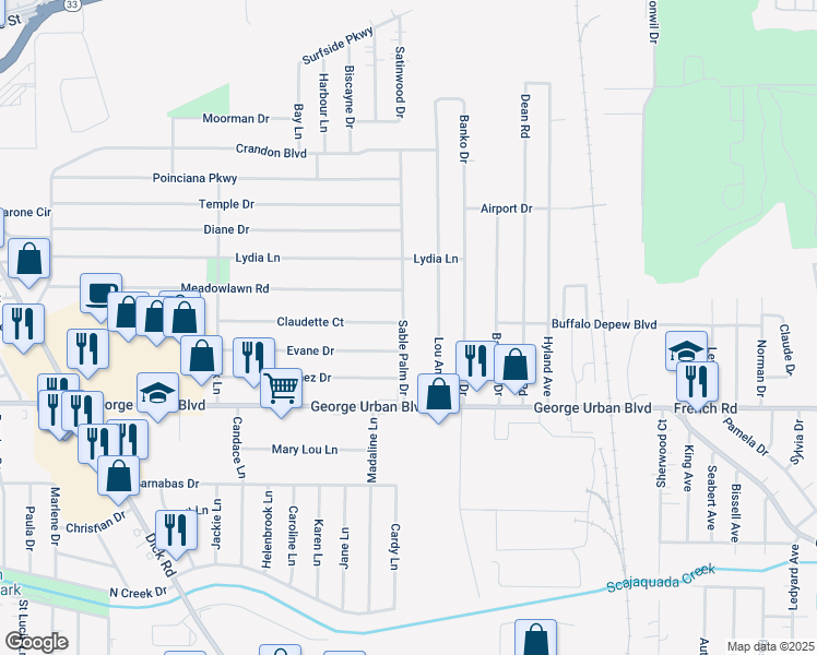 map of restaurants, bars, coffee shops, grocery stores, and more near 61 Sable Palm Drive in Depew