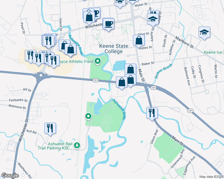 map of restaurants, bars, coffee shops, grocery stores, and more near 156 Martell Court in Keene