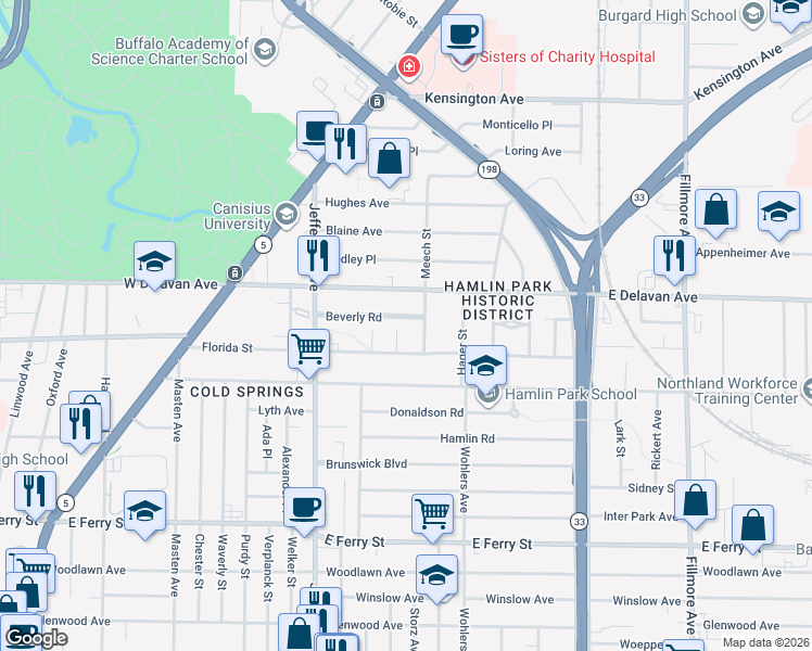map of restaurants, bars, coffee shops, grocery stores, and more near 91 Beverly Road in Buffalo