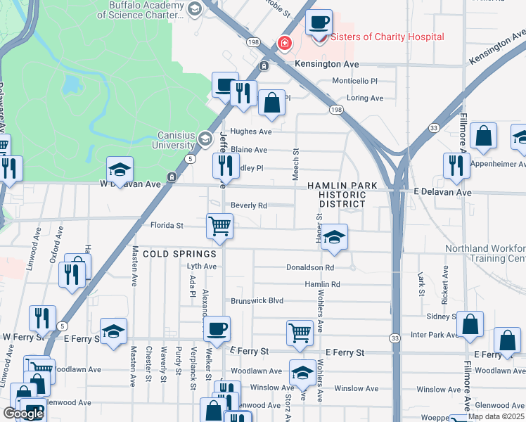 map of restaurants, bars, coffee shops, grocery stores, and more near 51 Beverly Road in Buffalo