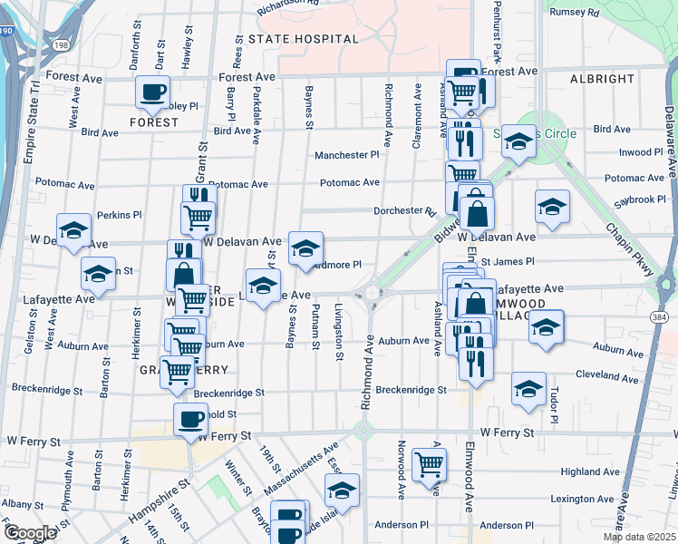 map of restaurants, bars, coffee shops, grocery stores, and more near 47 Ardmore Place in Buffalo