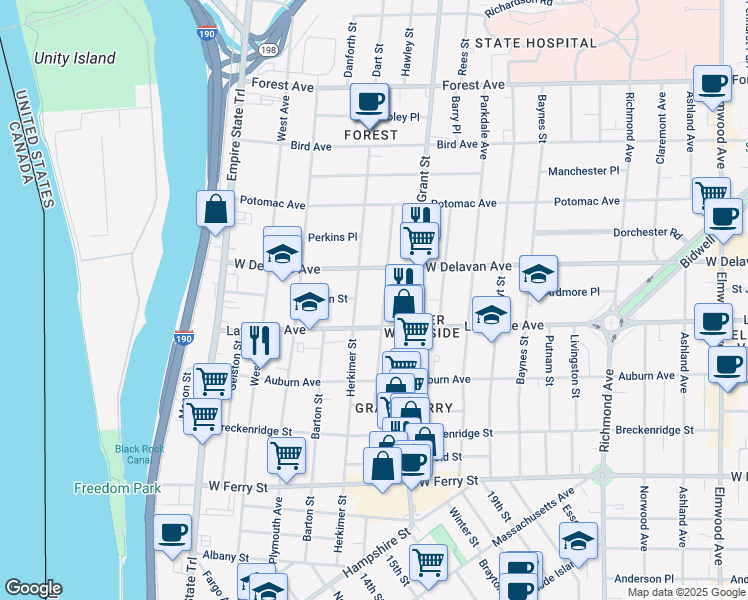 map of restaurants, bars, coffee shops, grocery stores, and more near 303 Herkimer Street in Buffalo