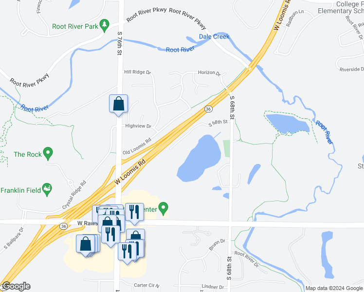 map of restaurants, bars, coffee shops, grocery stores, and more near 6801-6865 South 68th Street in Franklin