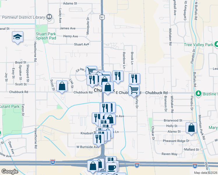 map of restaurants, bars, coffee shops, grocery stores, and more near 108 East Chubbuck Road in Pocatello